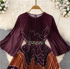 Retro temperament round neck waist slimming a-line positioning printed pleated dress elegant  long skirt