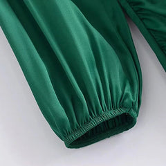 Women Green Color Mini Dress Lantern Long Sleeve Irregular Hem A Line Dresses Female Elegant Side Bow Tie Pleated Dress