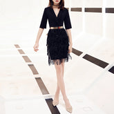 Ladies V Neck Long Sleeve Cropped Hip Tassel Banquet Birthday Party Dress