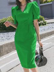 VONDA Summer Sundress Women Short Puff Sleeve Sexy V Neck Solid Color Midi Dress Casual Loose Zipper Pleated Party Elegant Robe