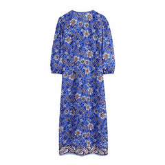 فستان ميدي بنمط بوهو مطبوع عليه زهور فستان نسائي بفتحة رقبة على شكل V وأكمام طويلة فستان نسائي أنيق مربوط بفيونكة على شكل حرف A