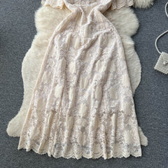 French celebrity style high-end lace puff sleeve V-neck dress female waist slimming dress