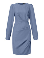 VONDA Elegant Mini Dress Autumn Casual O-Neck Women Party Dresses Zipper Pleated Long Puff Sleeve Short Vestidos Robe Femme