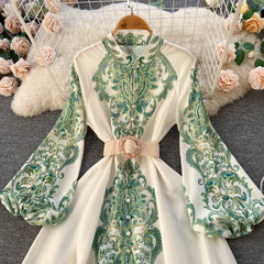 New retro elegant print lantern sleeve stand collar single breasted high waist dress