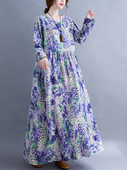 Ladies, Japan and South Korea, autumn new style art and leisure plus size women's fat MM plus fertilizer to increase printing cotton and linen long-sleeved temperament dress