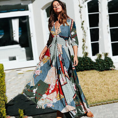 Long Sleeve Women's Printed Summer Beach Chiffon Dress Boho Long Sleeve Vintage Holiday Party Dress