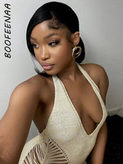 BOOFEENAA عطلة فستان صيفي المرأة 2023 أنيق مثير محبوك فيستدو الجانب قطع عارية الذراعين هالتي طويل ماكسي فساتين C82-EZ28