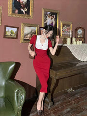 Summer's new Hong Kong-style temperament, elegant, color-matching, curvy, slim, and age-reducing doll-neck dress