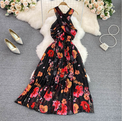 فستان شاطئ لقضاء العطلات على شاطئ البحر بحمالات من الشيفون الزهري، فستان أنيق بخصر تنحيف بدون أكمام، فستان كبير