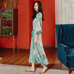 Satin chiffon pajamas women's summer plus size ice silk light gray nightgown bathrobe home service