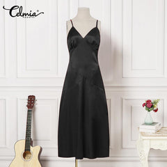 Celmia فساتين أنيقة للنساء 2022 تنورة حمالة بدون أكمام سادة ورقبة على شكل حرف V فساتين حفلات بوهيمية صيفية غير رسمية مقاس كبير فستان نوم طويل