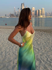 Sexy Satin Print Maxi Beach Dress Bodycon Ladies 2023 Summer Dye Tie Backless Elegant Party Dress Holiday Costume Robe