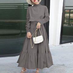 ZANZEA ladies Japanese and Korean style temperament solid color high neck long sleeve fashion trend elegant long skirt split stitching loose spring and autumn robe daily casual bohemian vacation style A-line dress S-5XL