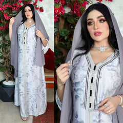 Maxi Dress for Women Arab Dubai Middle East Muslim Ethnic Ribbon V Neck Morocco Caftan White Floral Abaya Autumn 2021