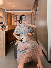 Splicing Flower Mesh Embroidery Cake Dress Long Skirt