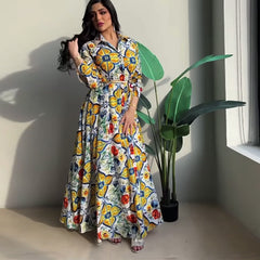 Ethnic Print Maxi Dress for Women 2022 Lapel Single-breasted Dubai Floral Abaya Arabic Oman Middle East Muslim Clothes