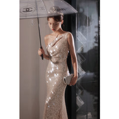 Fishtail Evening Dress Women's Autumn Autumn Long One-shoulder Sexy Sequin Dress Engagement Banquet Temperament Host Dress