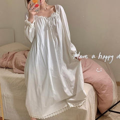 Women Nightgowns Long Sleeve Lace Sweet Square Collar Retro Midi Nightdress Cozy Bow Gentle Teens Sleepwear Kawaii