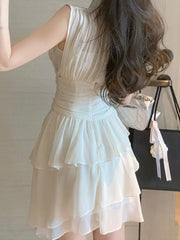 2023 atmosphere high-end sleeveless dress women's summer pure and sweet pleated white skirt slim waist cake skirt