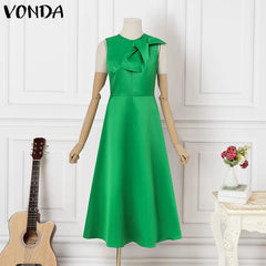 VONDA Elegant Dresses For Women 2022 Solid Bow Neck Sleeveless Waist-in A-Line Vestido Bohemian Party Casual Summer Plus Size Long Dress