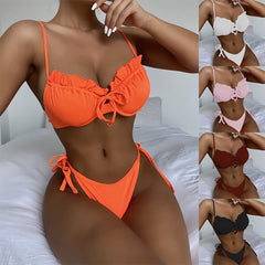 Chan double new bikini solid color swimsuit European and American swimsuit female steel support swimsuit lotus leaf lace bikini6286