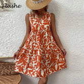 فساتين صيفية أنيقة للسيدات بطباعة نباتية وفتحة رقبة على شكل V فستان مكشكش بوهو بدون أكمام فضفاض لقضاء إجازة الشاطئ وتنورة قصيرة