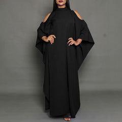 Celmia women's European and American fashion solid color long dress, elegant temperament, simple casual lady style, round neck, bat sleeves, off-shoulder design, A-line skirt, large-size skirt, daily spring and autumn large size, wild trendy long skirt