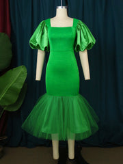 AOMEI Green Dress Bodycon Patchwork Mesh Party Mermaid Women Slim Short Lantern Sleeve Square Collar Elegant High Waist Event