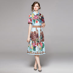 Real shot spot European and American fashion all-match waist slimming positioning printed short-sleeved dress