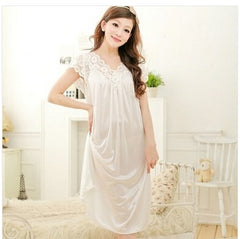 Free shipping women White lace sexy nightdress girls plus size Large size Sleepwear nightgown