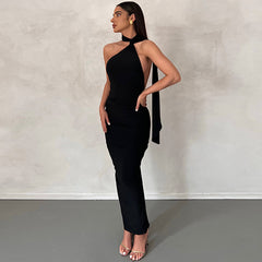 Elegant Women Backless Party Dress Summer Sexy Halter Collar Bodycon Maxi Dress 2023 Evening Club Maxi Dress Black Vest