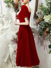 Ladies mid-length maroon simple birthday party dress banquet evening dress holiday dress dress