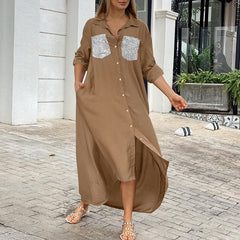 ZANZEA ladies European and American style sequin design temperament lapel long sleeves irregular hem and ankle skirt fashion trend elegant shirt skirt loose spring and autumn daily casual bohemian vacation style shirt dress large size