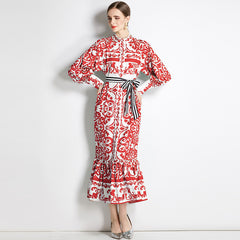 فستان طويل بطباعة هندسية بوهو، صدر واحد، وياقة واقفة صغيرة