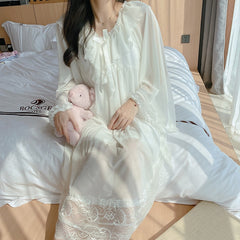 Young Lady Sweet Mesh Long Nightdress Pink Lace Bow Trim Nightgown Summer Autumn Sleepwear Dreamy Home Dress Sexy Nightwear