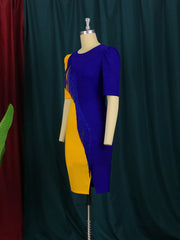 Elegant round neck stitching short sleeve fringed mid-length slit dress dress large size women