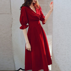 Ladies mid-length mid-sleeve velvet V-neck banquet evening dress fashion party dress