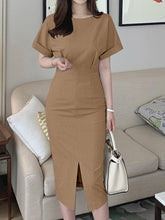 VONDA Summer Dress Women Short Sleeve Casual Solid Color Elegant Midi Sundress O Neck Loose Zipper Split Party Vestidos