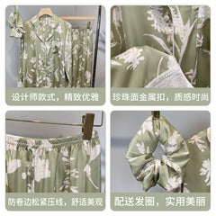 Jiangnanhe 2022 autumn French lace phoenix tail green ice silk long-sleeved trousers home clothes ladies three-piece headband