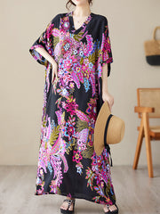 Women's ethnic style printed dress summer V-neck cotton silk large size loose literary holiday style beach skirt retro meat-covering long robe