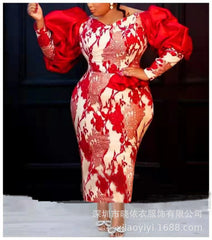 فساتين نسائية أوروبية وأمريكية بأكتاف مائلة وأكمام منتفخة وفساتين مثيرة بأرداف