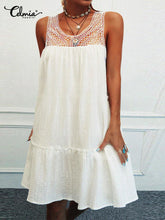 Celmia Elegant Dresses For Women 2022 Solid Color O Neck Sleeveless Spliced Lace A-Line Vestidos Bohemian Party Casual Summer Plus Size Short Dresses