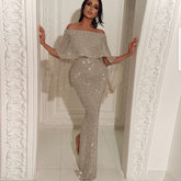 Europe and the United States new back big lotus leaf wrap chest one-shoulder dress blingbling bag hip split evening dress