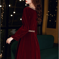 Ladies Long Long Sleeve Velvet Evening Dress Fashion Party Dress Maroon Dress Black Dress