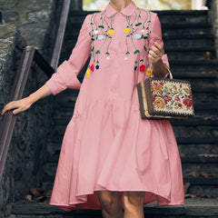 ZANZEA ladies European and American style temperament simple flower embroidered shirt skirt lapel long sleeve knee-length skirt fashion trend elegant loose spring and summer daily casual bohemian vacation style long A-line dress in large size