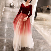 Women's V-neck 3/4 sleeves velvet gradient mesh banquet party event festival dress