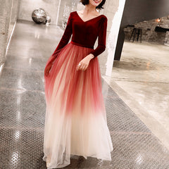 Women's V-neck 3/4 sleeves velvet gradient mesh banquet party event festival dress