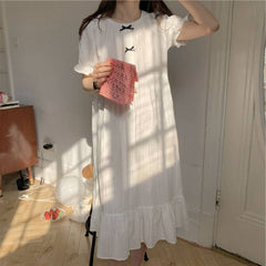 end Cute Bow White Cotton Nightgowns Women Pijamas Ruffles Dress Home Clothes Ladies Sleepwear Nightdress