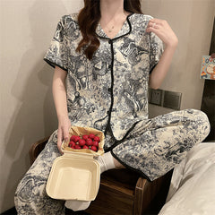 Summer new ink painting ice silk pajamas women's short-sleeved trousers silk home service suit
