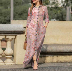 Spring and Autumn Long Sleeve Flower Dress Fashion Ladies Dress Casual Lapel Button Black A-Line Dress Ladies Robe Vest